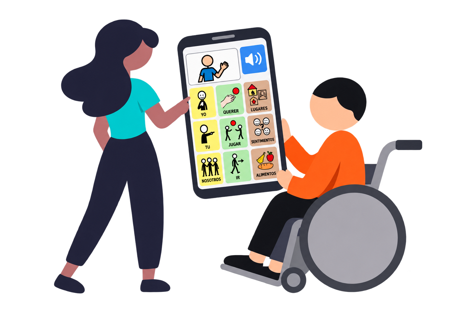 ilustración de una mujer enseñándole a un chico en silla de ruedas los pictogramas en una tablet